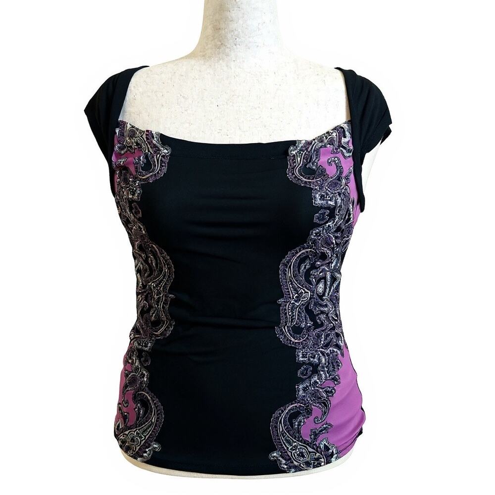 INC International Women Black & Purple Paisley Print Top Size L